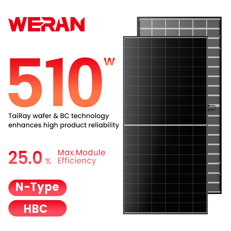 Сонячна панель WERAN 495-510W для житлових будинків із заднім контактом – фотоелектричний модуль OEM із подвійним склом на даху для дистриб’юторів та монтажників